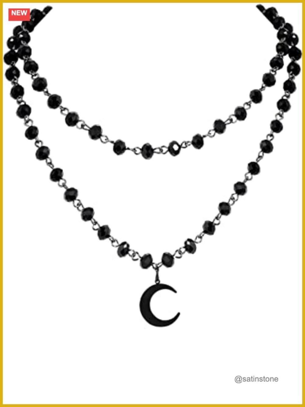 Layered Black Beaded Moon Choker Necklace Goth Punk Grunge 3-Layer